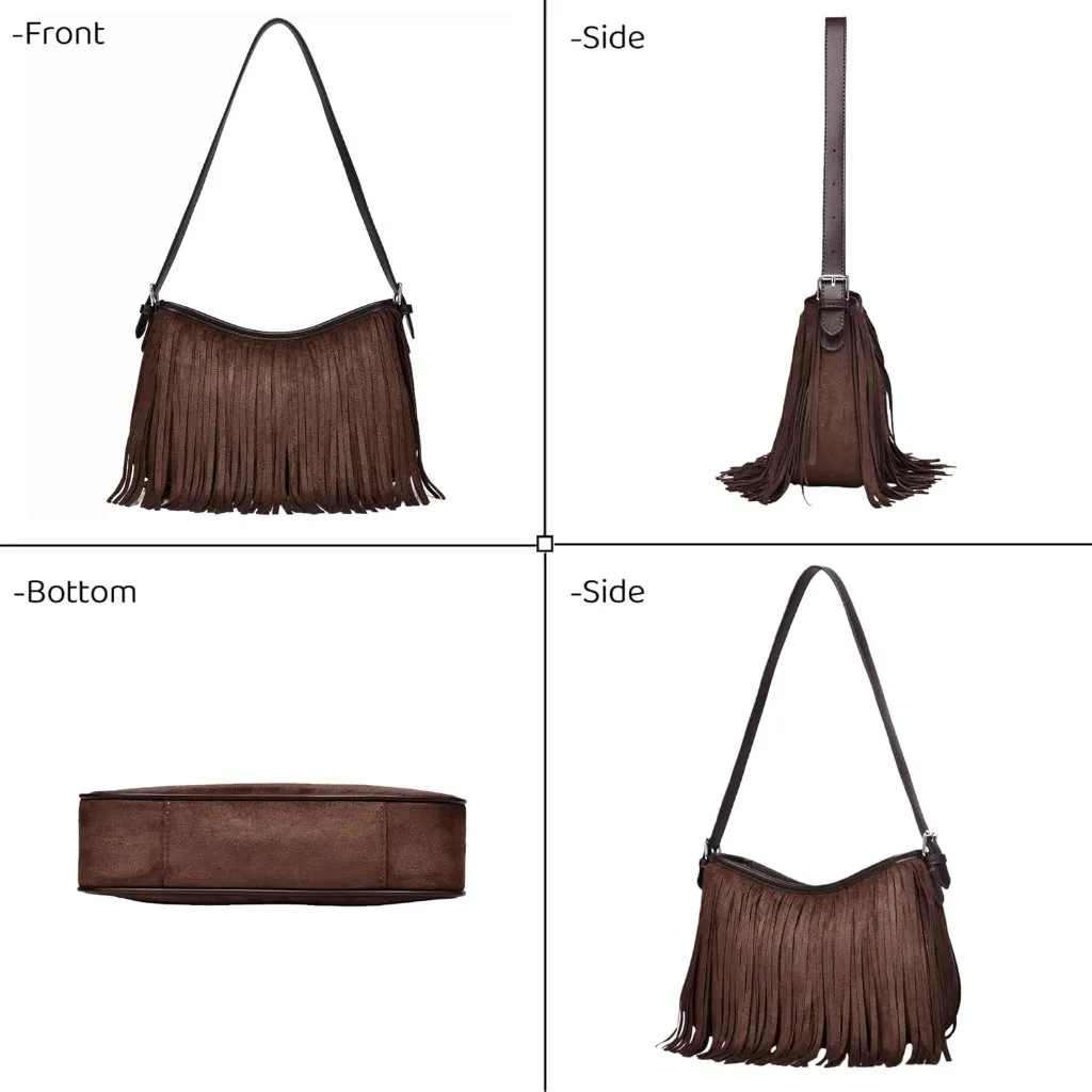 Women's Yellow Underarm Suede Western Hobo Purses and Handbags Trendy Fringe - Image 7