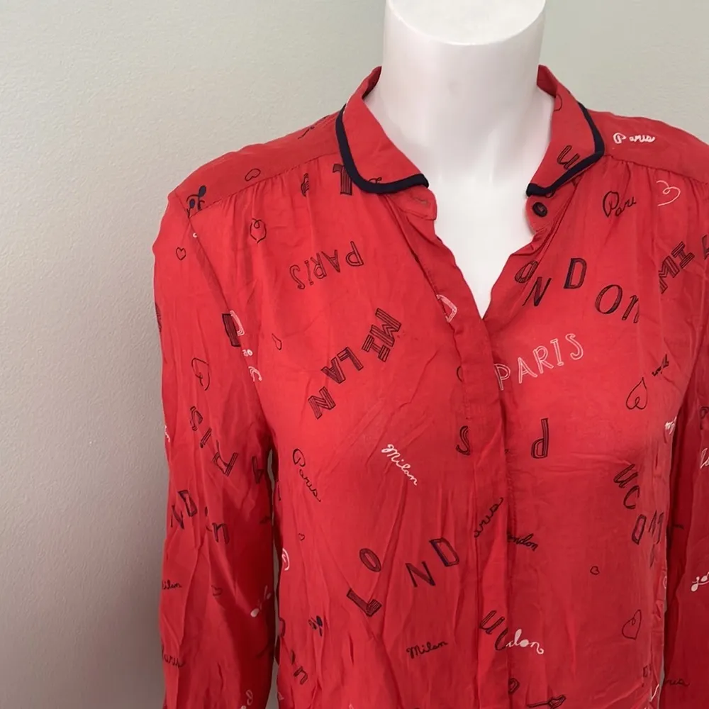ANTHROPOLOGIE Maeve Paris London Cherry Red button up shirt size 4 - Image 3