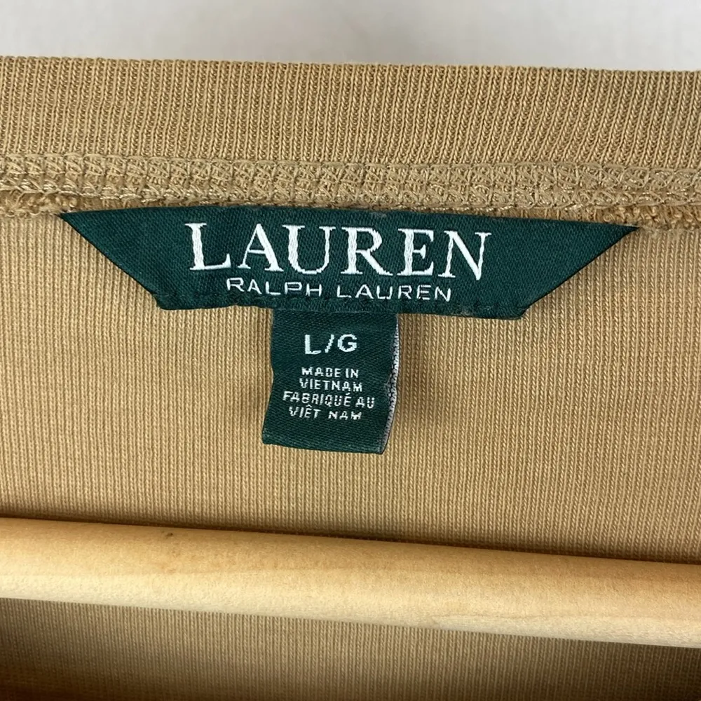 Ralph Lauren Tan Long Sleeve Cotton Leather Trim Tee T Shirt L - Image 5