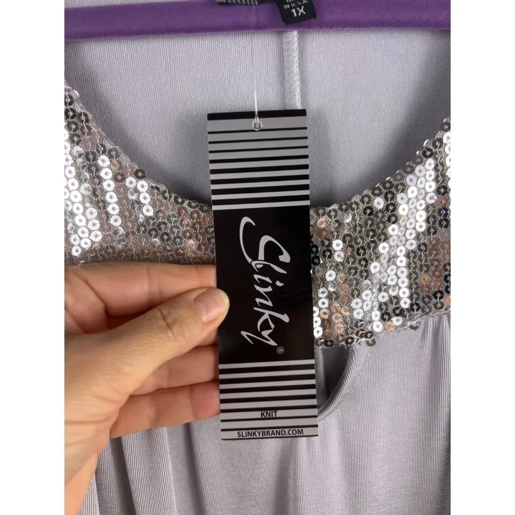 Slinky Brand  1X Silver Cold Shoulder Sequin Tunic Top Stretch Knit NWT - Image 4