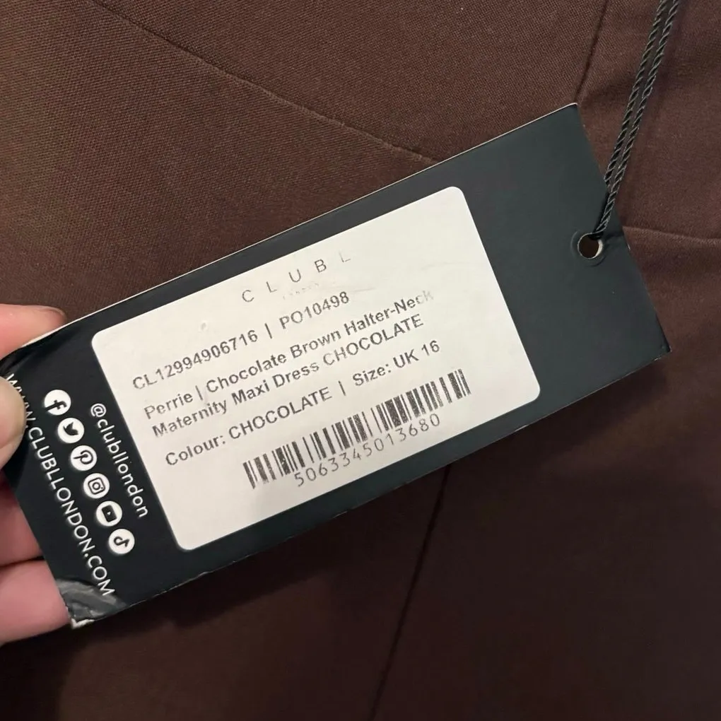 New Club L London Brown Perrie Halter Neck Maternity Maxi Dress Size UK 16 US 12 - Image 4