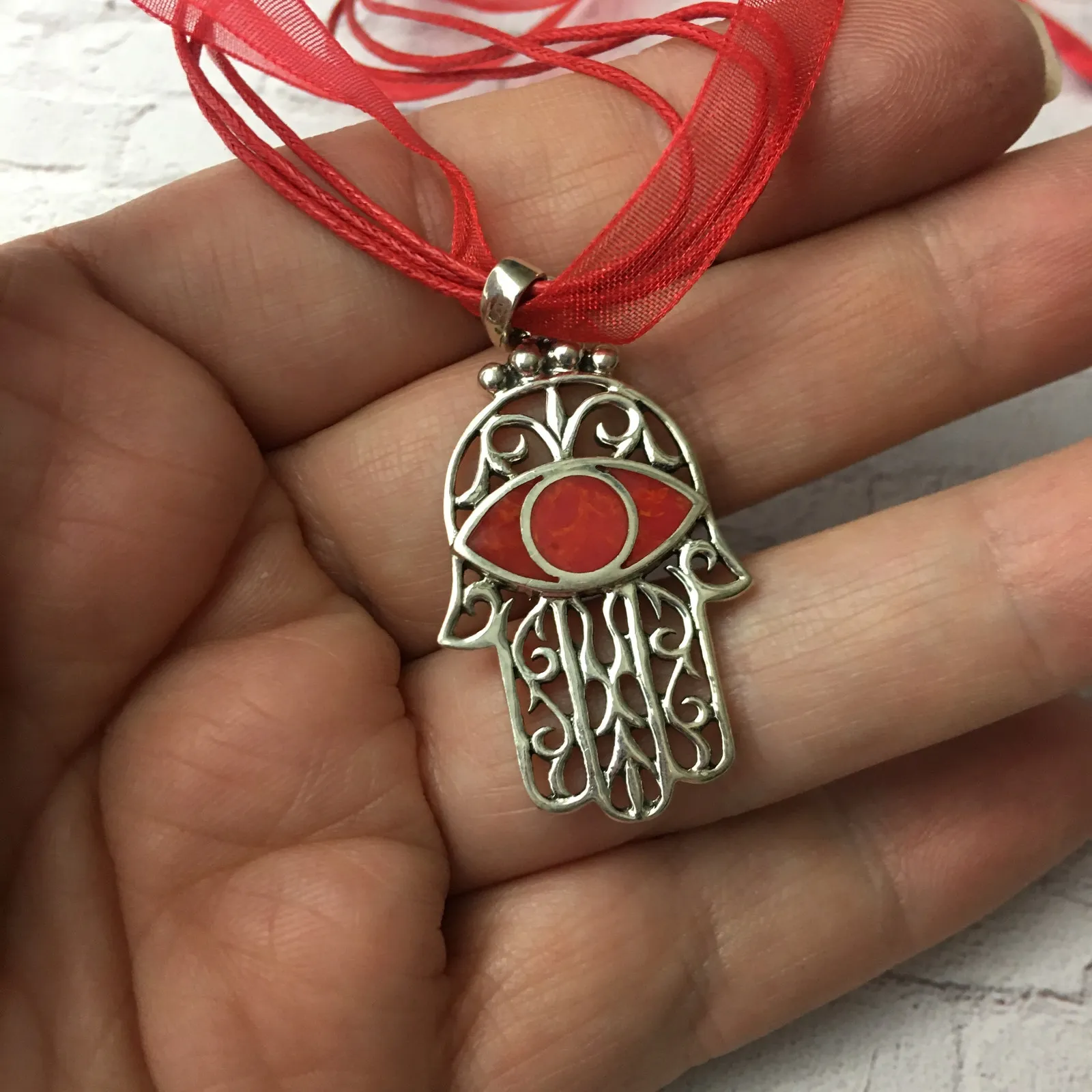 Hamsa Red Coral Sterling Silver Pendant Necklace Orange - Image 3