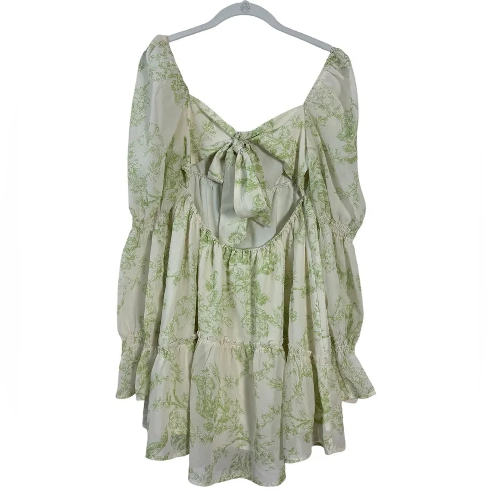 CIDER Green White Floral Ruffle Hem Bow Knot Back Mini Peasant Dress Size M - Image 5