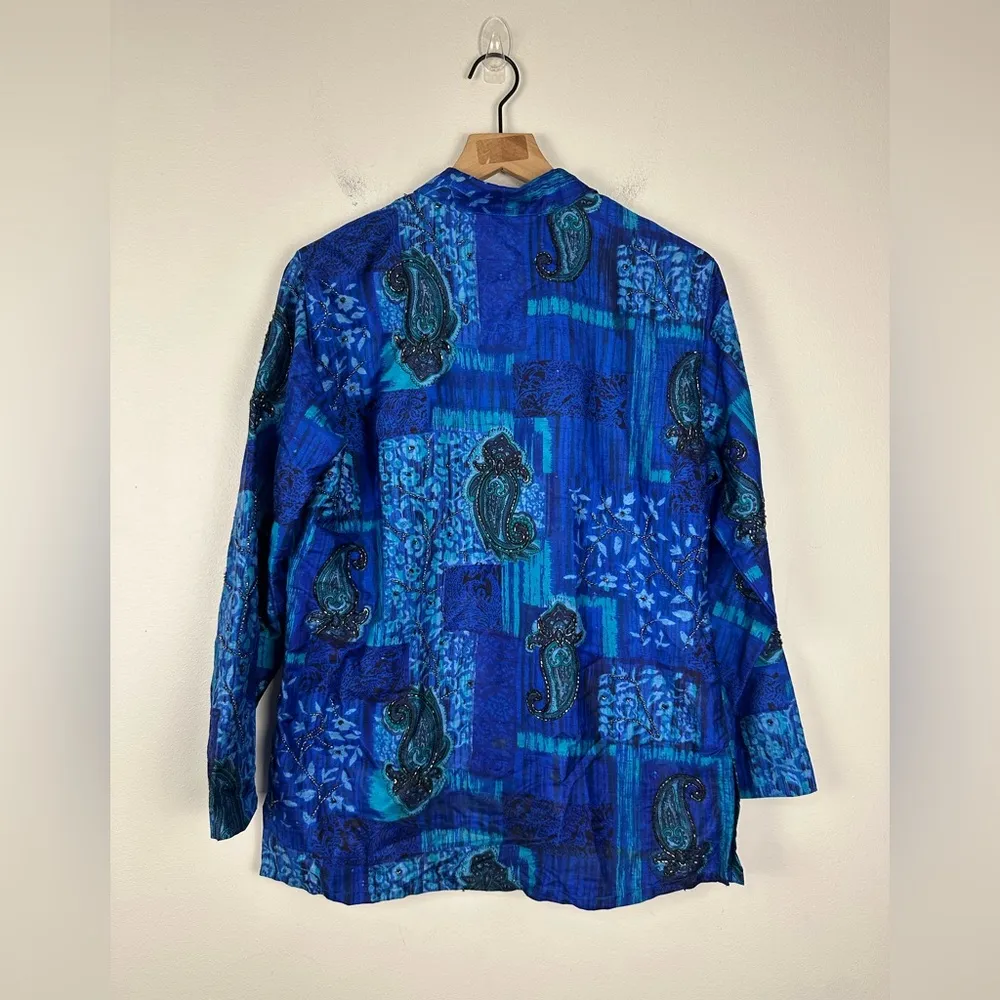 Vntg Chico's Design Silk Raw Blue Paisley Beaded Button Up Jacket Blouse Sz 1 - Image 7
