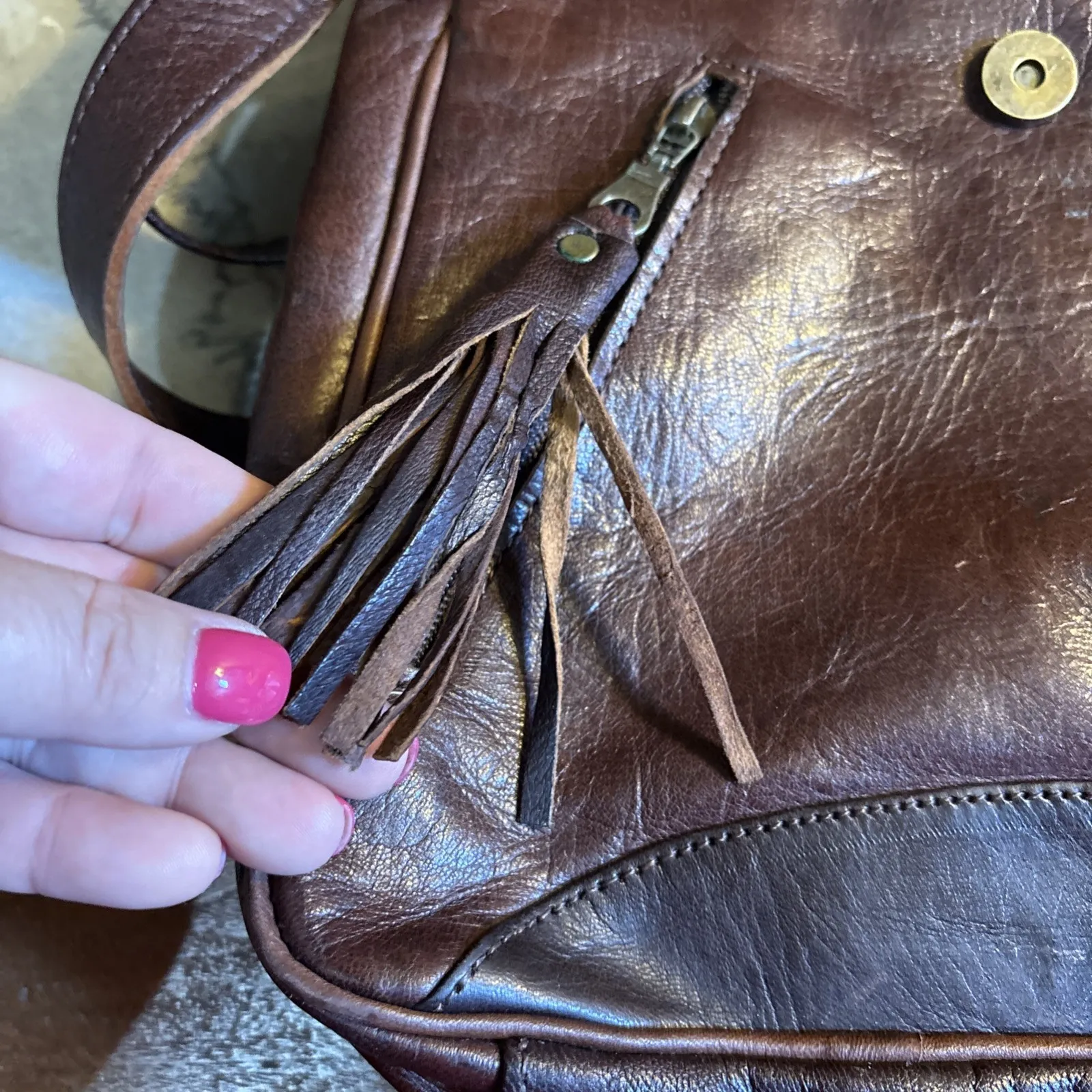 Hand Tooled Brown Leather Small Messenger Crossbody Bag Fringe boho Y2K Vintage - Image 12