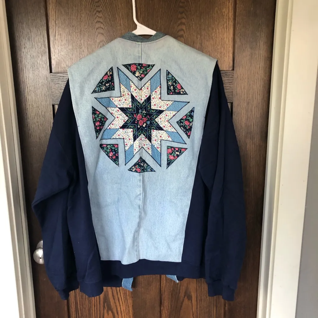 VTG hanes Aztec Southwestern Mix Media Custom Denim & Fleece Jacket Sweatshirt L - Image 5