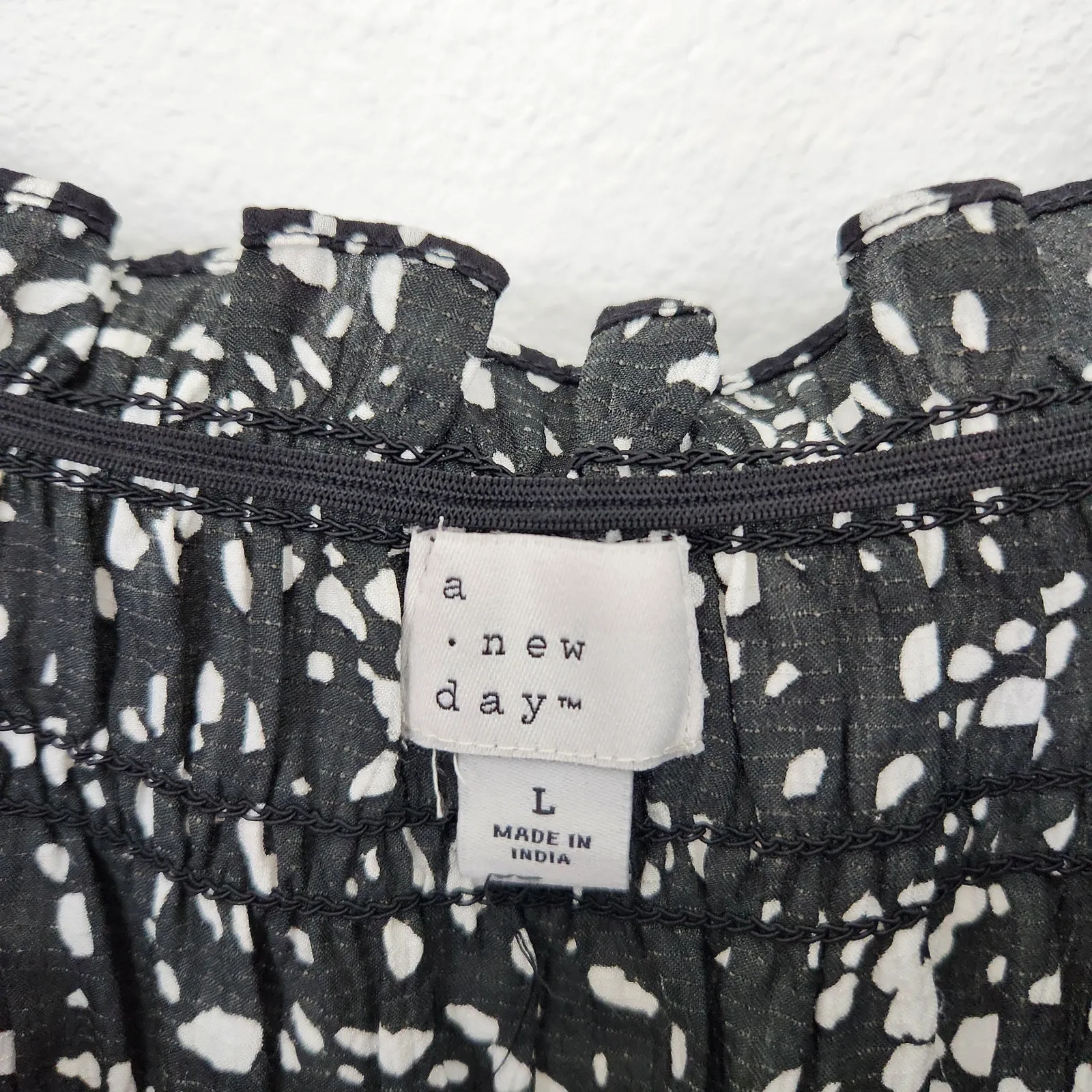 A New Day Black White Smocked Long Sleeve Square Neck Blouse Top L - Image 5