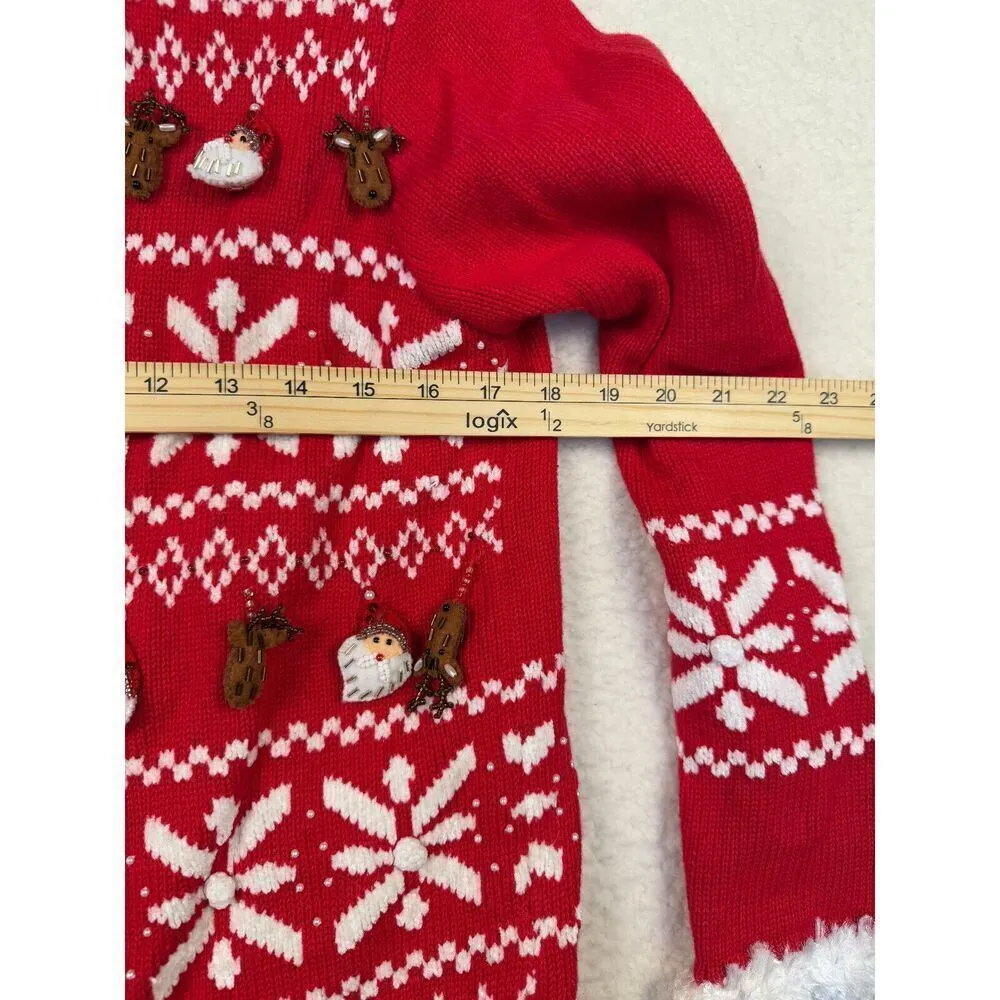 Vtg‎ Just B Ugly Christmas Sweater Cardigan Dangle Santa Reindeer Size Small Red - Image 7