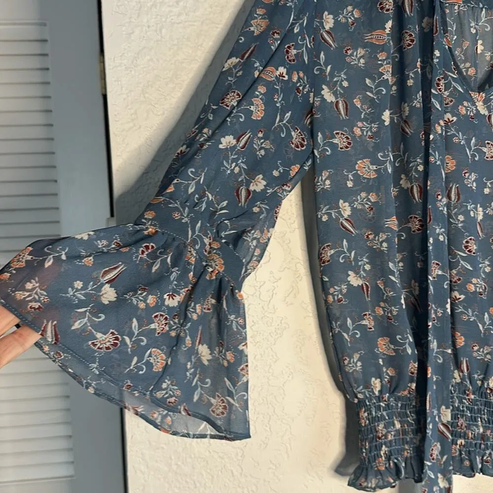 NEW Revolve Misa Blue Sheer Top Girly Feminine Coquette Girly Floral Neck Tie - Image 3