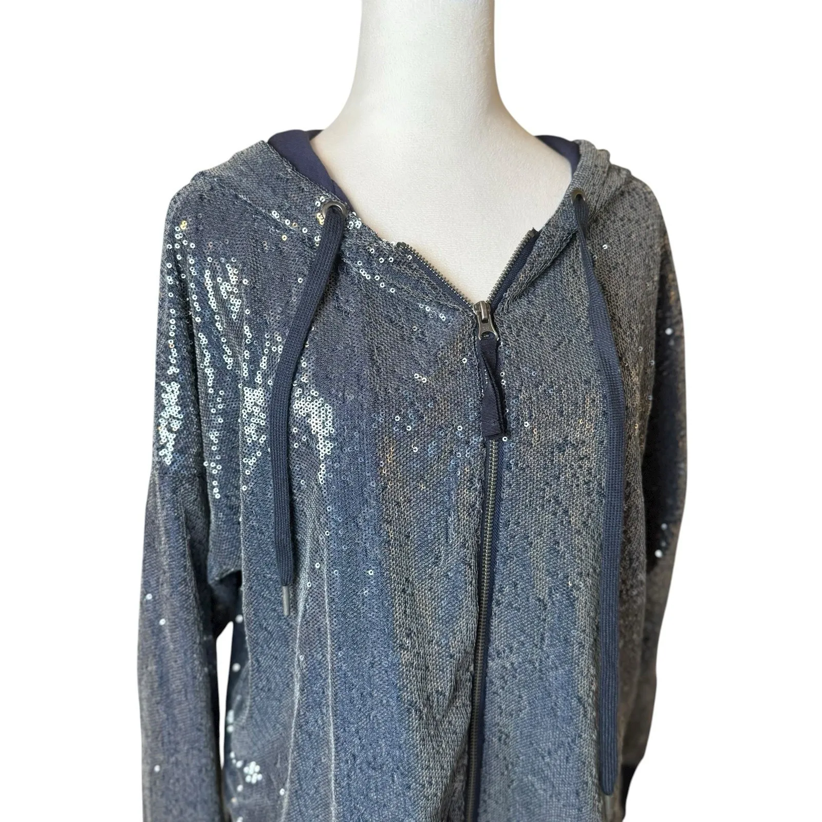 Anthropologie Zip Up All Over Sequin Hoodie Blue Pewter Small Eras Concert Party - Image 8
