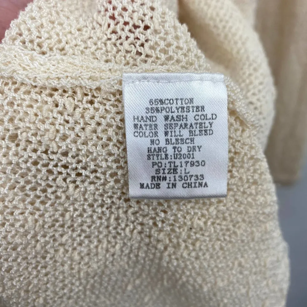 Umgee Crochet Lace Knit Sheer Mini Dress Coverup Keyhole Tie Long Sleeve Cream L - Image 8