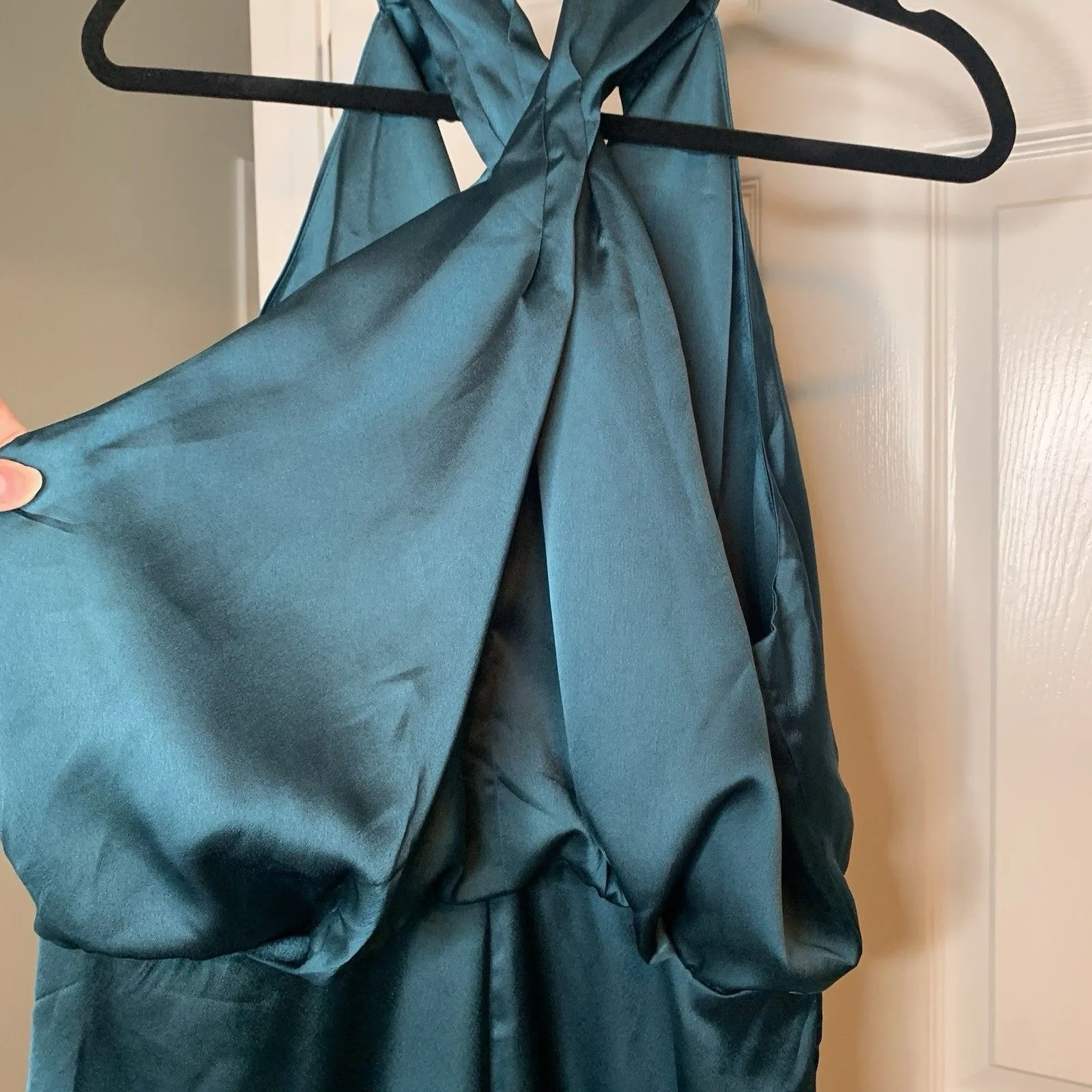 JJ’s House Halter Sleeve Satin Maxi Jumpsuit Romper #418670 Sz XL Peacock Satin - Image 7