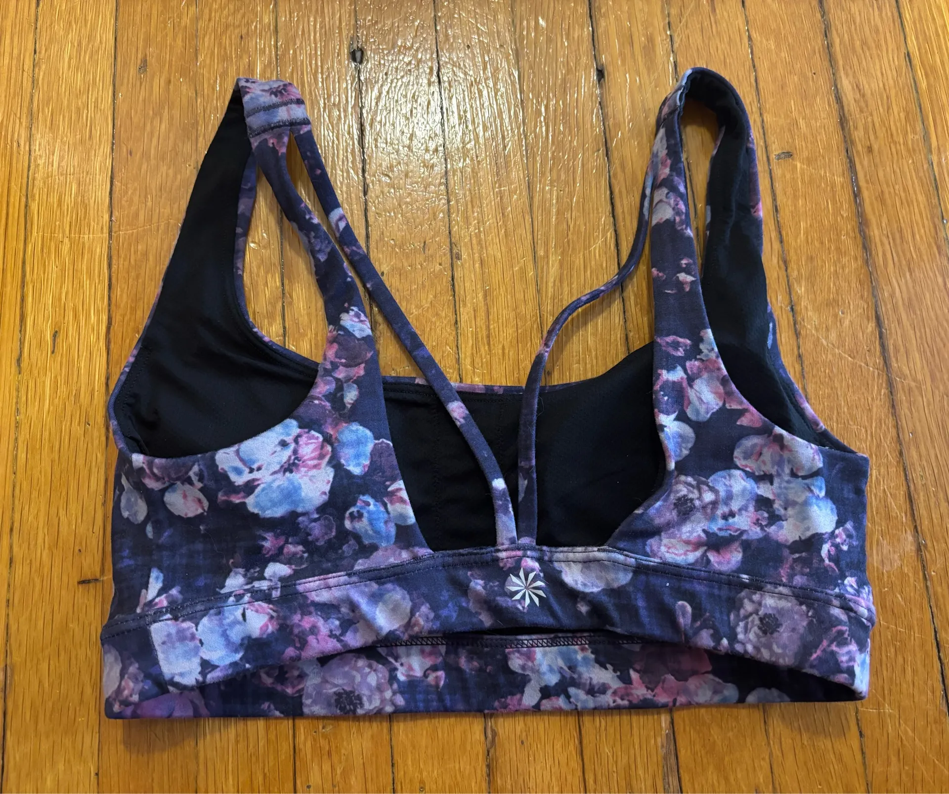 Athleta Exhale Printed Sports Bra Women XS Purple Strappy Watercolor Floral - Image 2