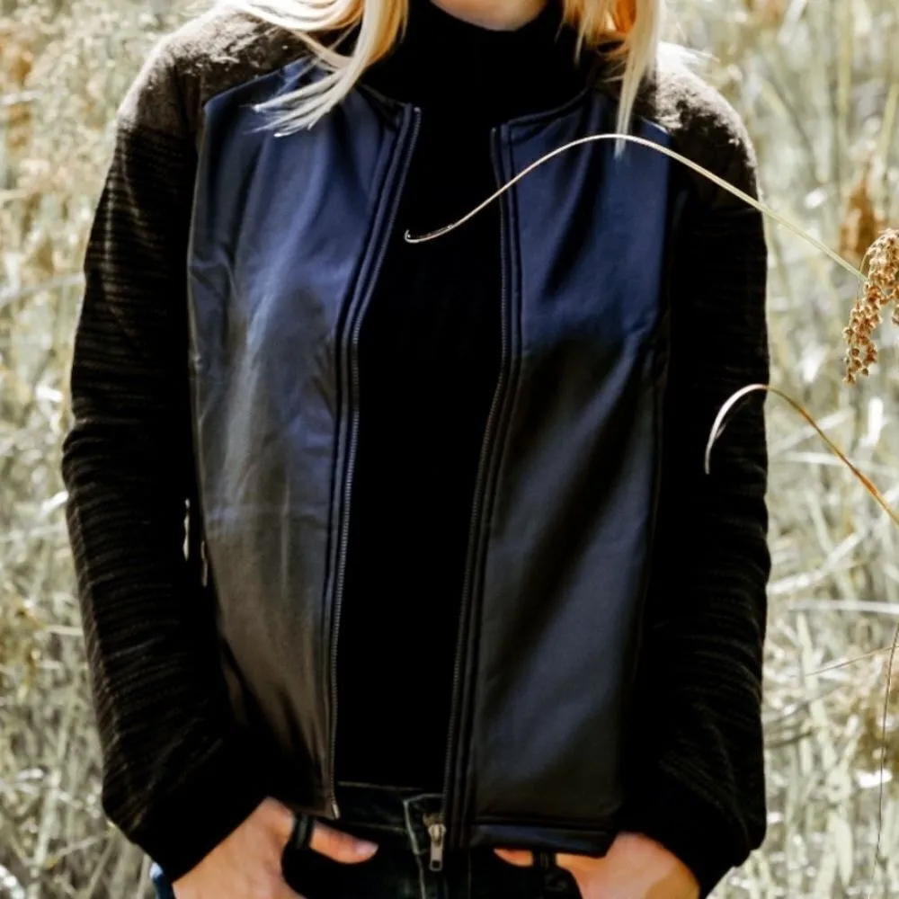 Vegan Leather/Knit Spliced Bomber‎ Jacket - Image 8