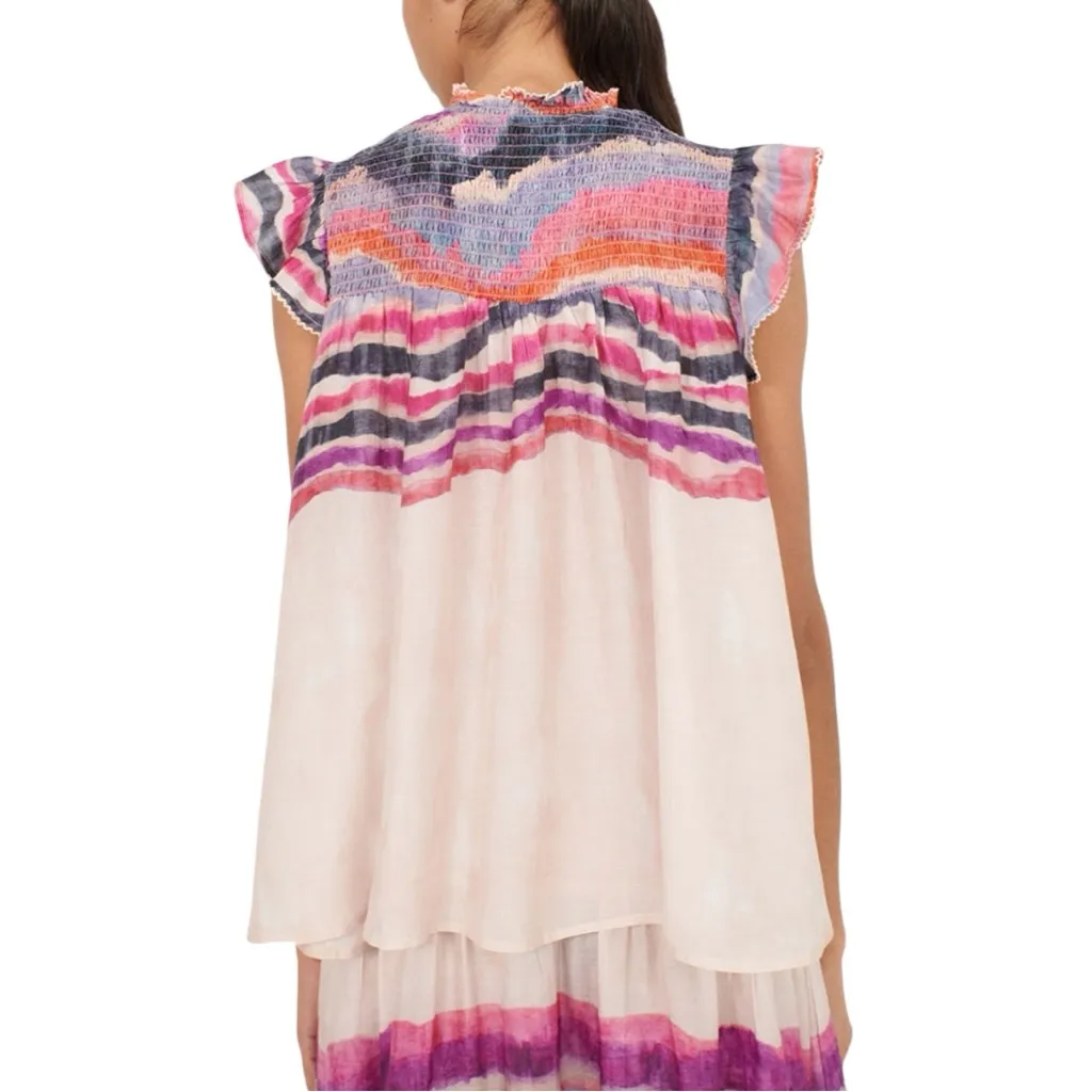 Chufy Northern Lights Kaia Ivory Watercolor Top sz Small Ruffle Tie Dye Stripes Pink - Image 2