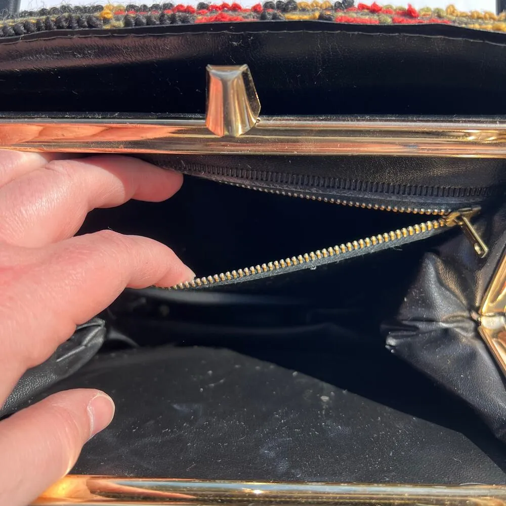 Vintage Floral Print Handbag Purse Tapestry Bag Needle Point Black Red - Image 9