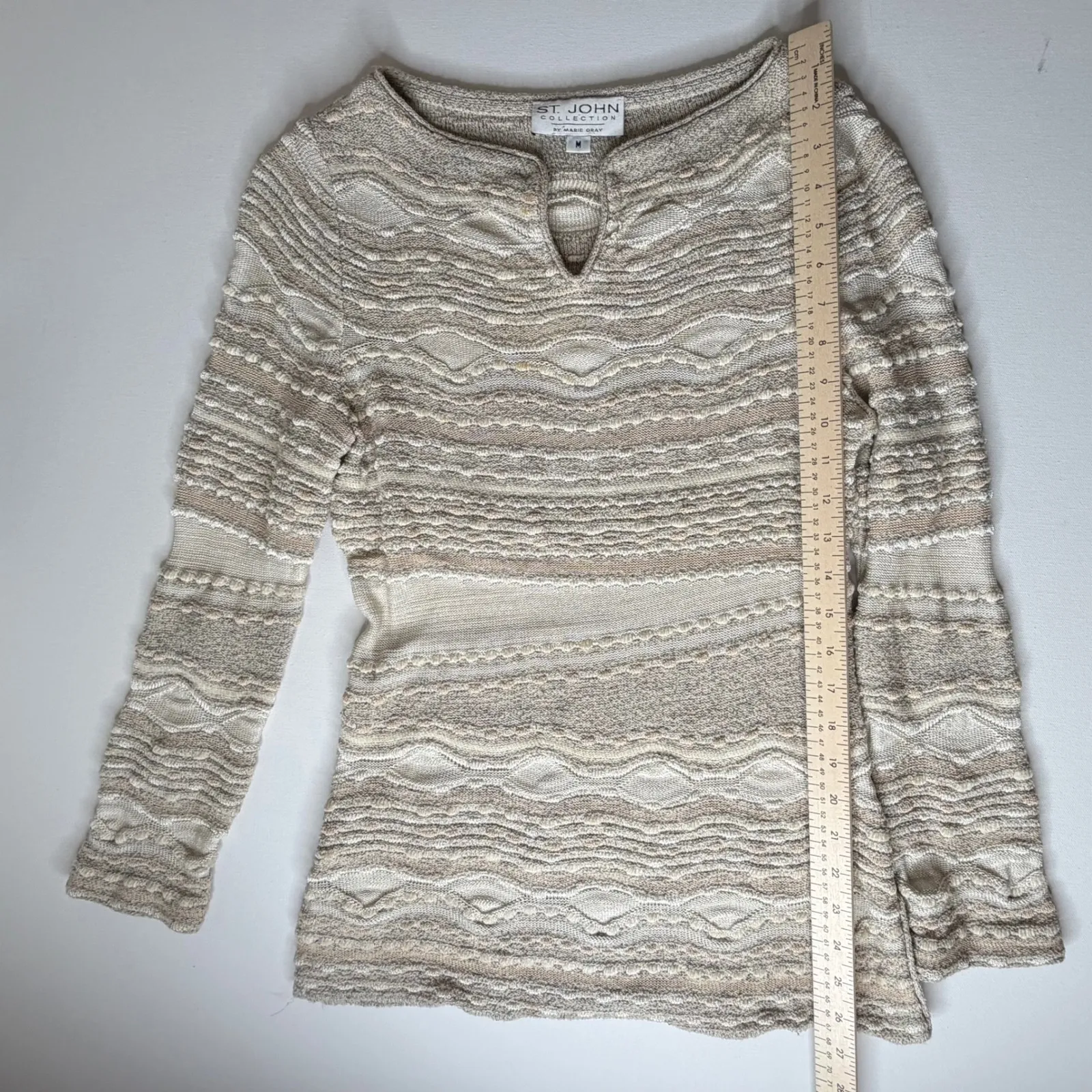 St John Collection Marie Gray 3D Textured Knit Sweater Medium Beige Neutral Cozy - Image 12