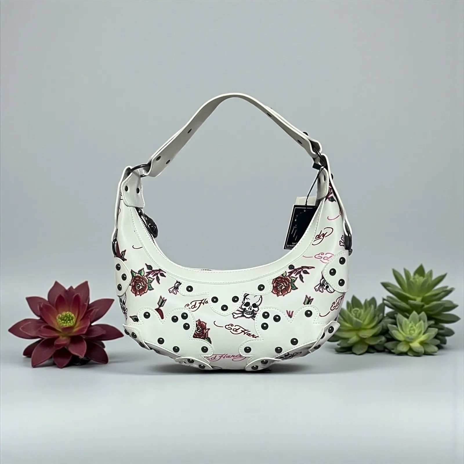 Ed Hardy White Skull Rose Tattoo Print Hobo Shoulder Bag Studded Punk Rock - Image 2