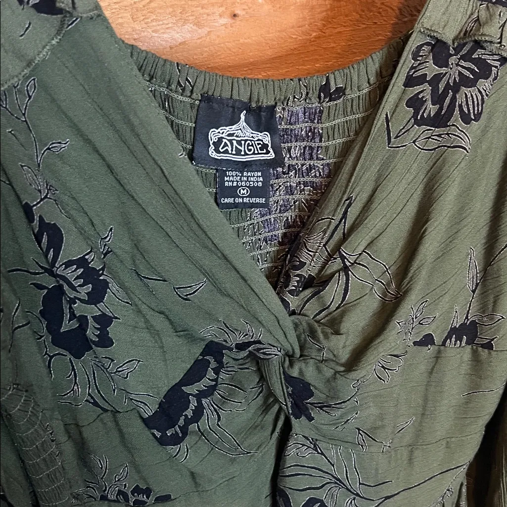 Angie Jeannie Floral Twist Front Midi Tiered Dress Green Black Boho Med Smocked - Image 4