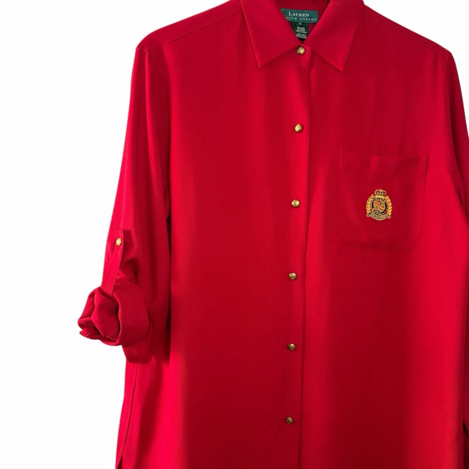 VTG 90s Lauren Ralph Lauren 100% Silk Crest Button Top Womens M Red Gold Logo - Image 16