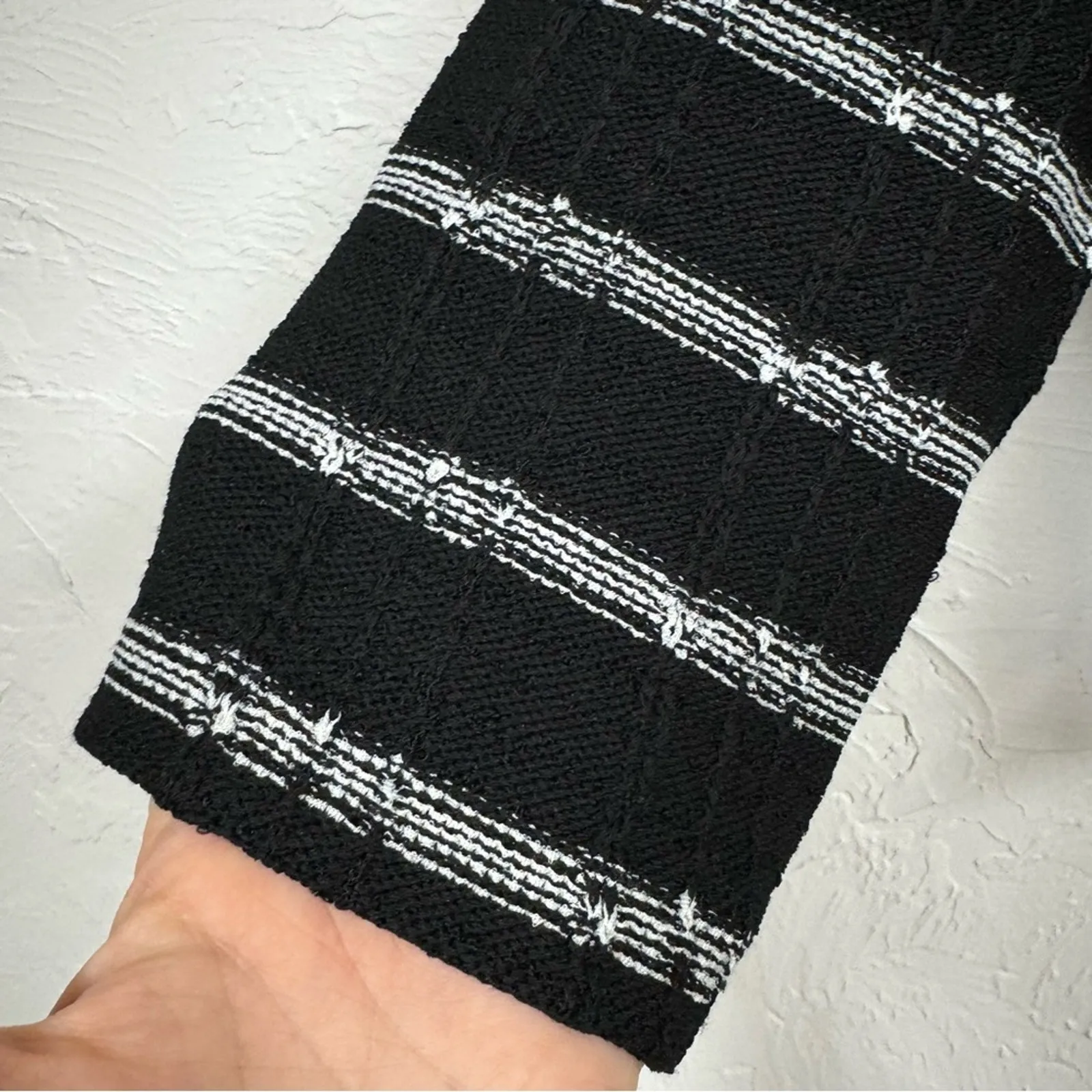 Ming Wang Black White Chunky Knit Sweater Womens M Fringe Preppy Pullover Mock - Image 2