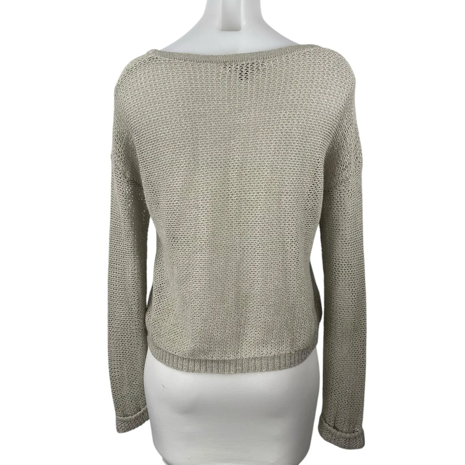 By Corpus Olive Green Metallic Open Knit Crochet Long Sleeve Sweater Top Sz S/P - Image 3