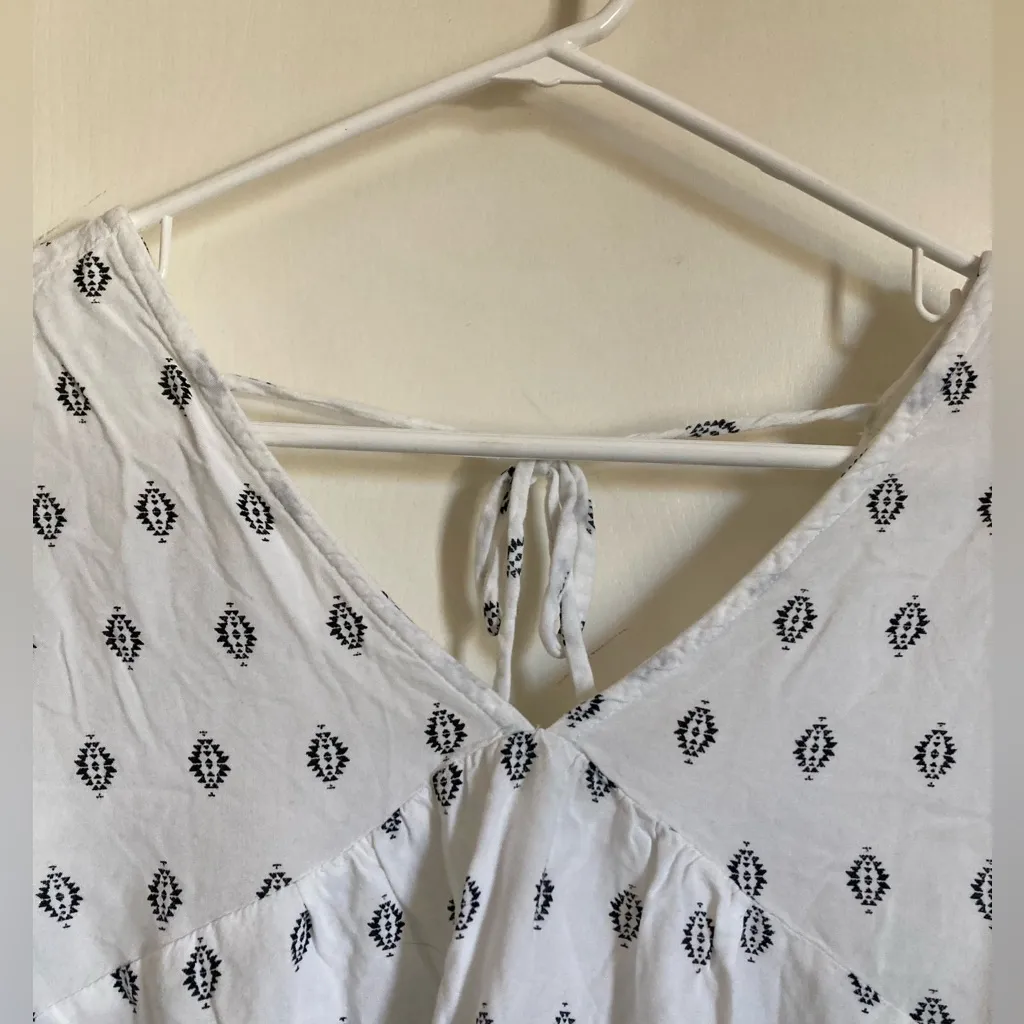 🌞Roxy V Neck White Boho Print Tie Back Keyhole Long Sleeve Flowy Blouse #Gr - Image 6