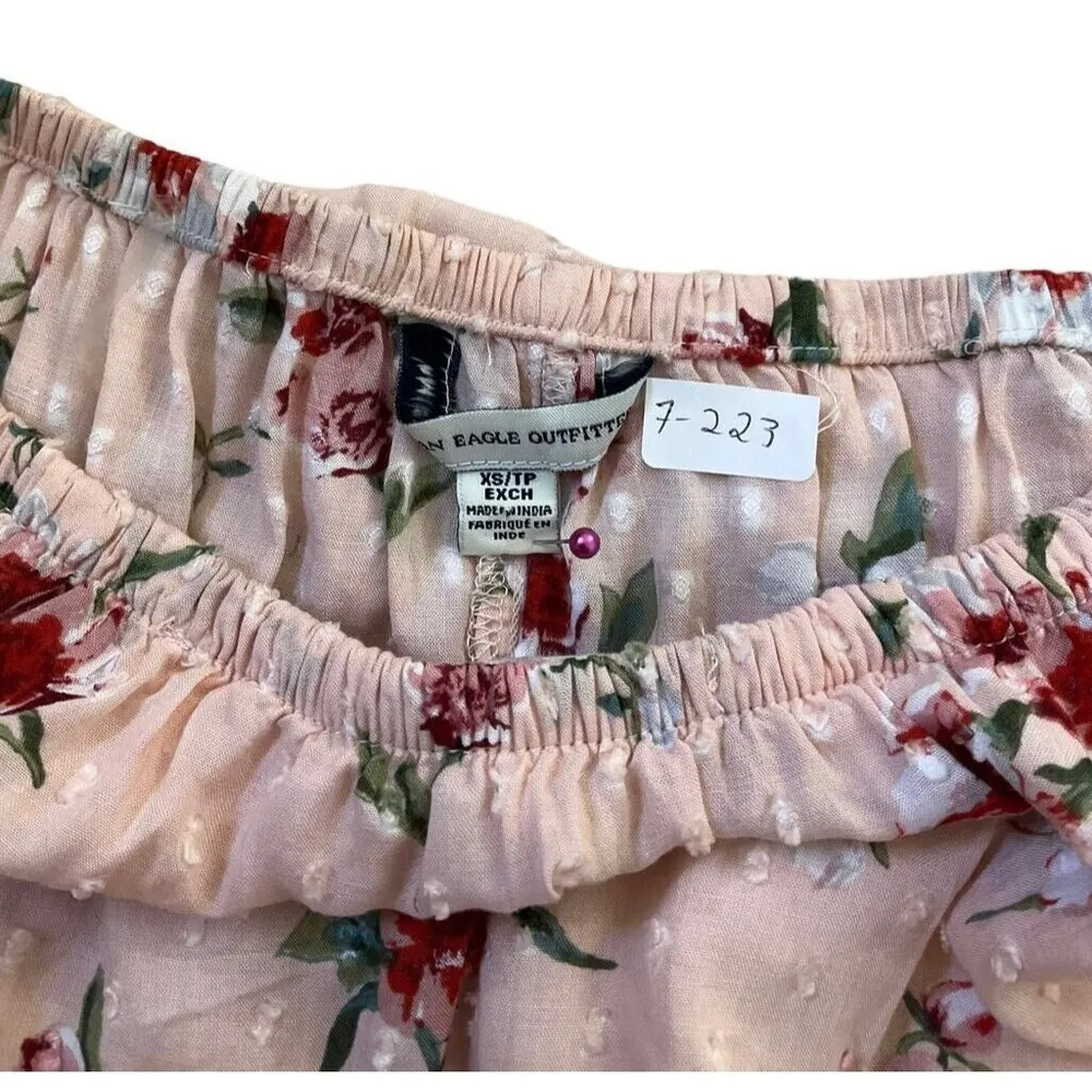 American Eagle Outfitters Women Size XS Peach Floral Off The Shoulder (7-223P) - Image 4
