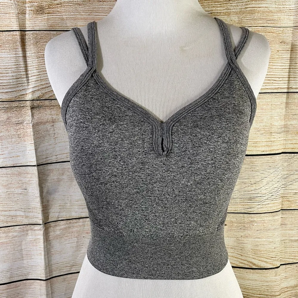 body rhythm gray sports bra strappy back women size Large - Image 4
