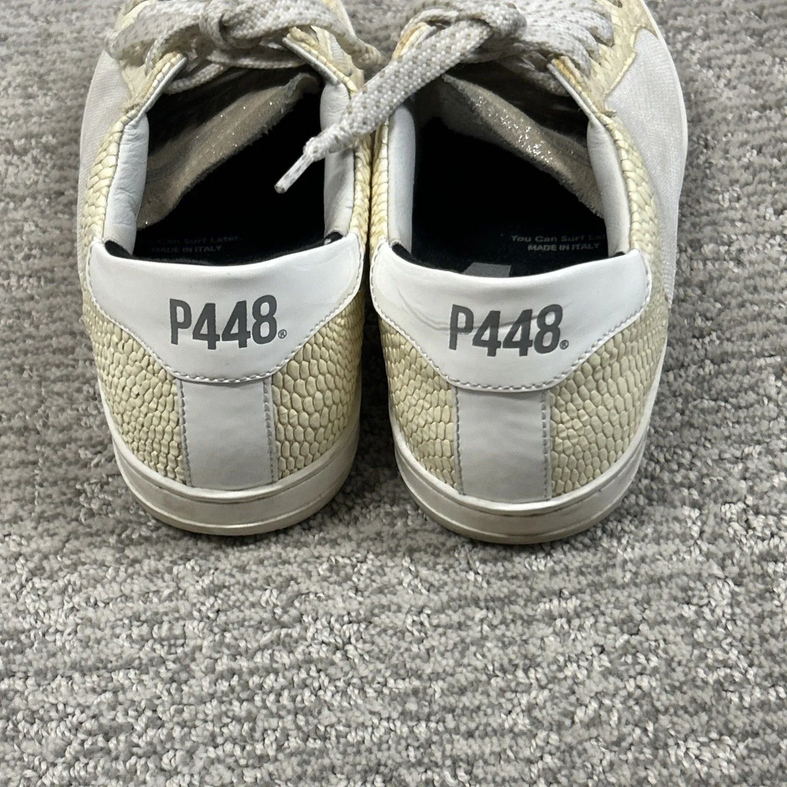 P448 John Low Top Snake Gold Sneakers Shoes Womens 37 US 6.5 7 Suede Glitter - Image 4