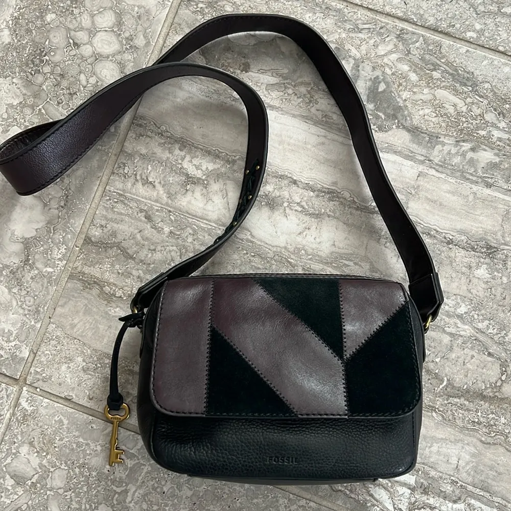 Fossil Aria Cow Hide Leather Shoulder Bag, Patchwork Black & Brown, Retail $178 - Image 3