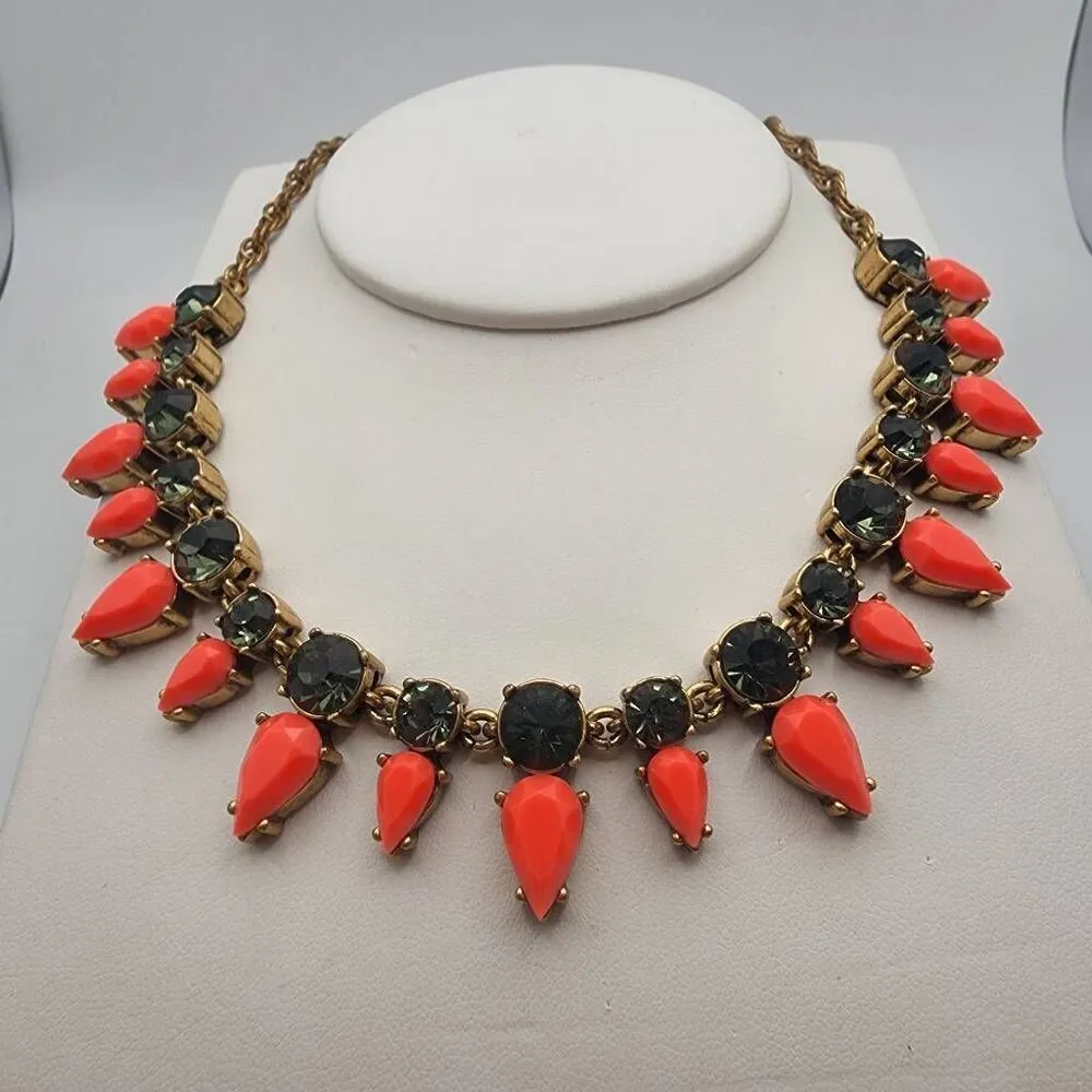 J. Crew Gold Tone Coral & Green Rhinestone Statement Necklace - Image 3