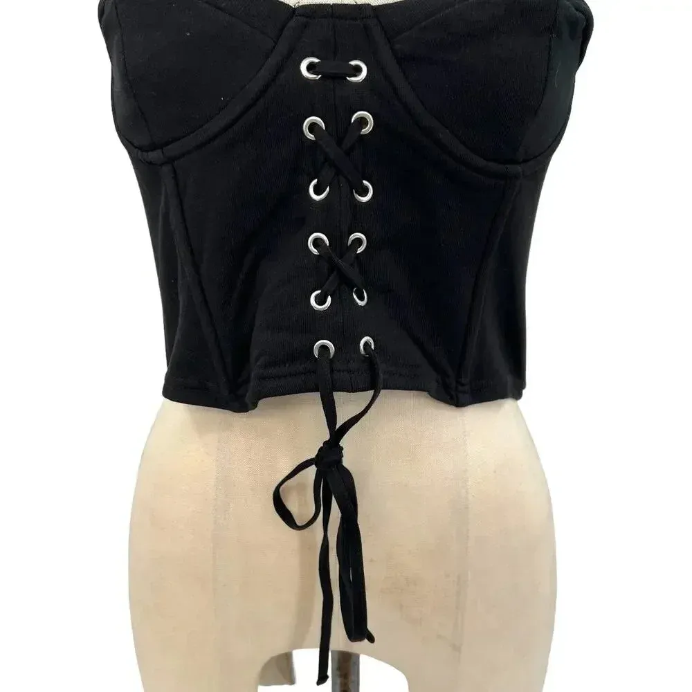 Zara Corset Tank‎ Top Bralette Lace Up Sweetheart Shirred Black Size Medium - Image 4