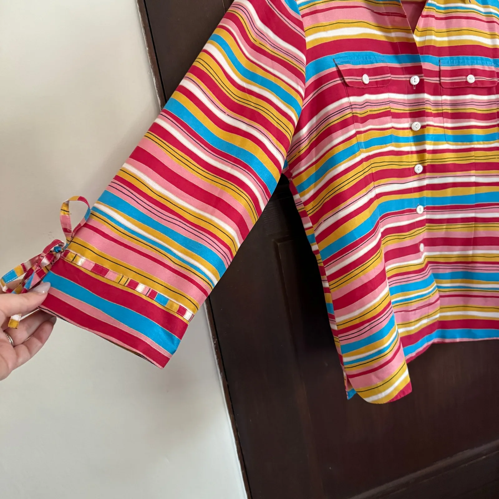 ANNE CARSON | Red Yellow and Blue striped Silk Button down Shirt | Large - Image 5