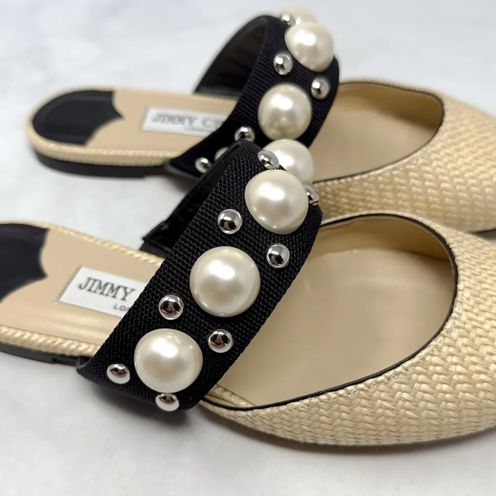 Jimmy Choo Basette Pearl Embellished Raffia Pointed Toe Slide Mule Flat Shoes 38 - Image 7