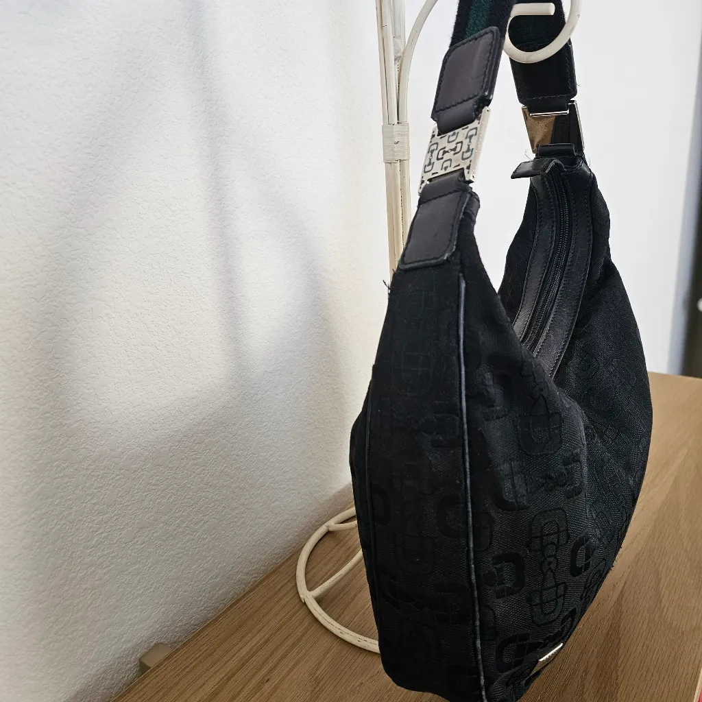 GUCCI Handbag Rare Horsebit Jacquard Canvas Black Green Stripe Bag purse - Image 9