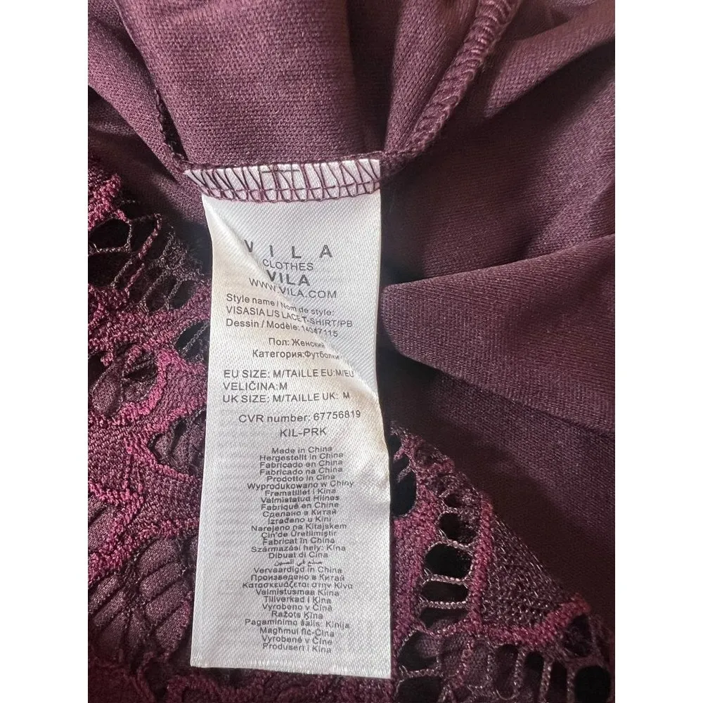 Vila Clothes Women's Wine Laced Long Sleeve Top Size M - Image 7