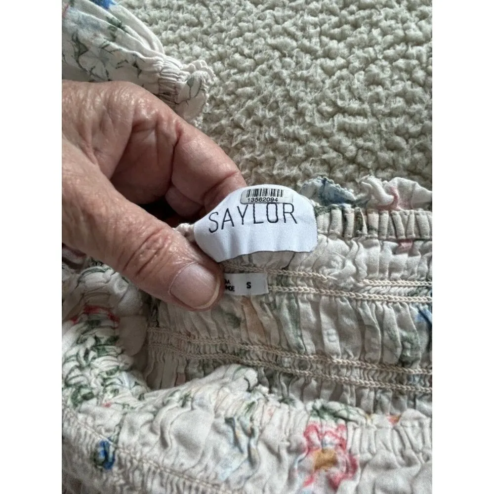 SAYLOR Women Pink Cotton Floral Smocked Peplum Clover Blouse Boho Top Size S - Image 9