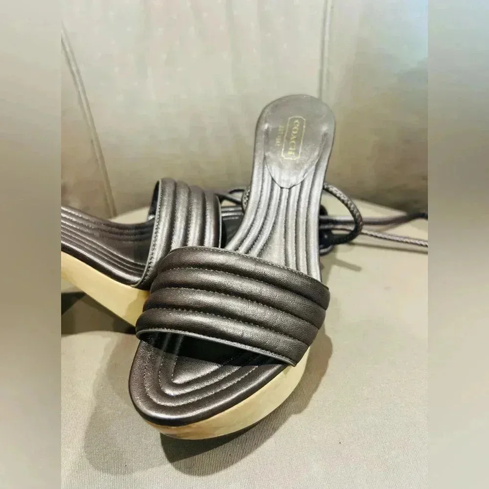 Coach Women Size 5.5  Bronze Brown Leather Strappy Wooden Heel Sandals - Image 6