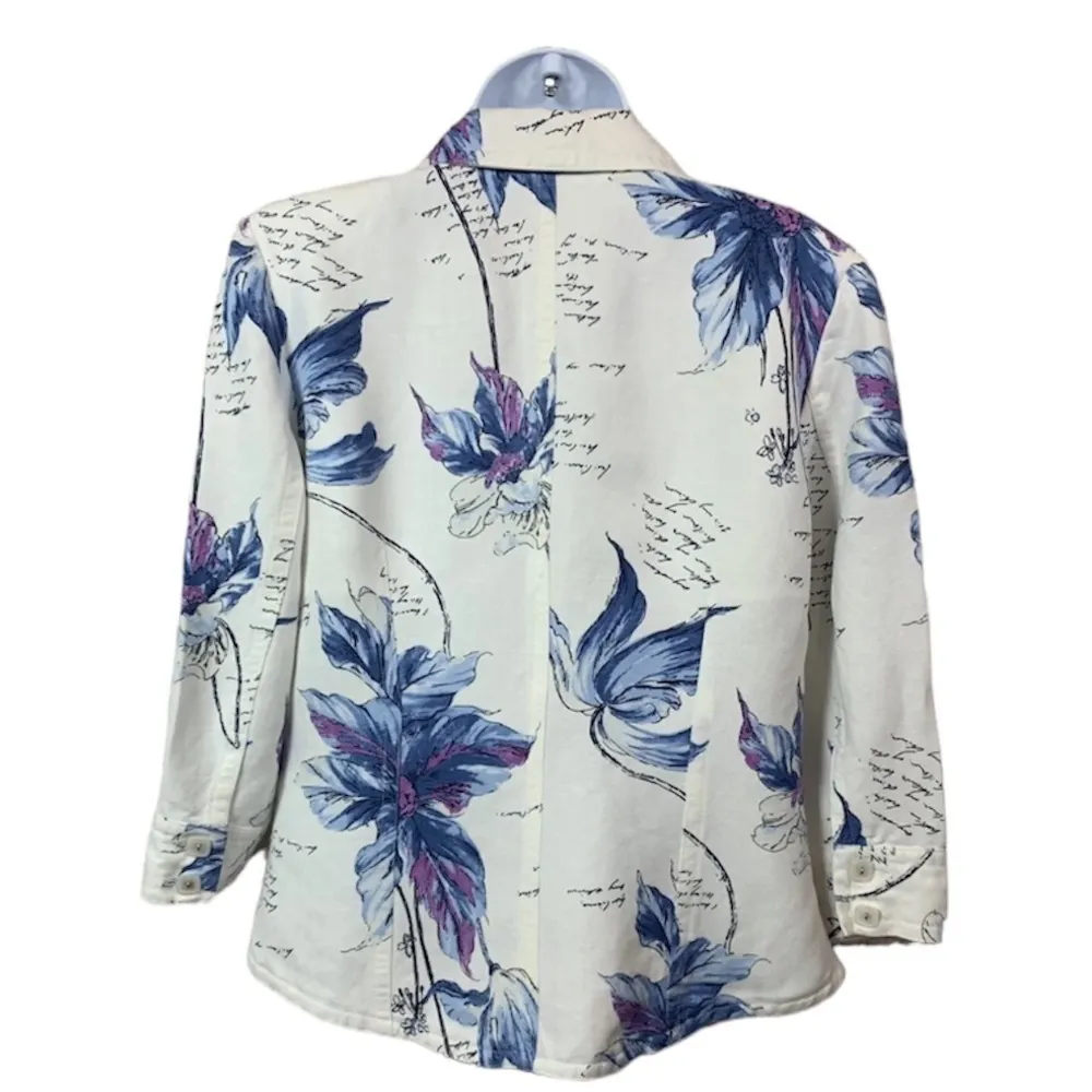 Emma James Off-White Floral Collared Button Front 3/4 Sleeve Linen Blazer Jacket - Image 5