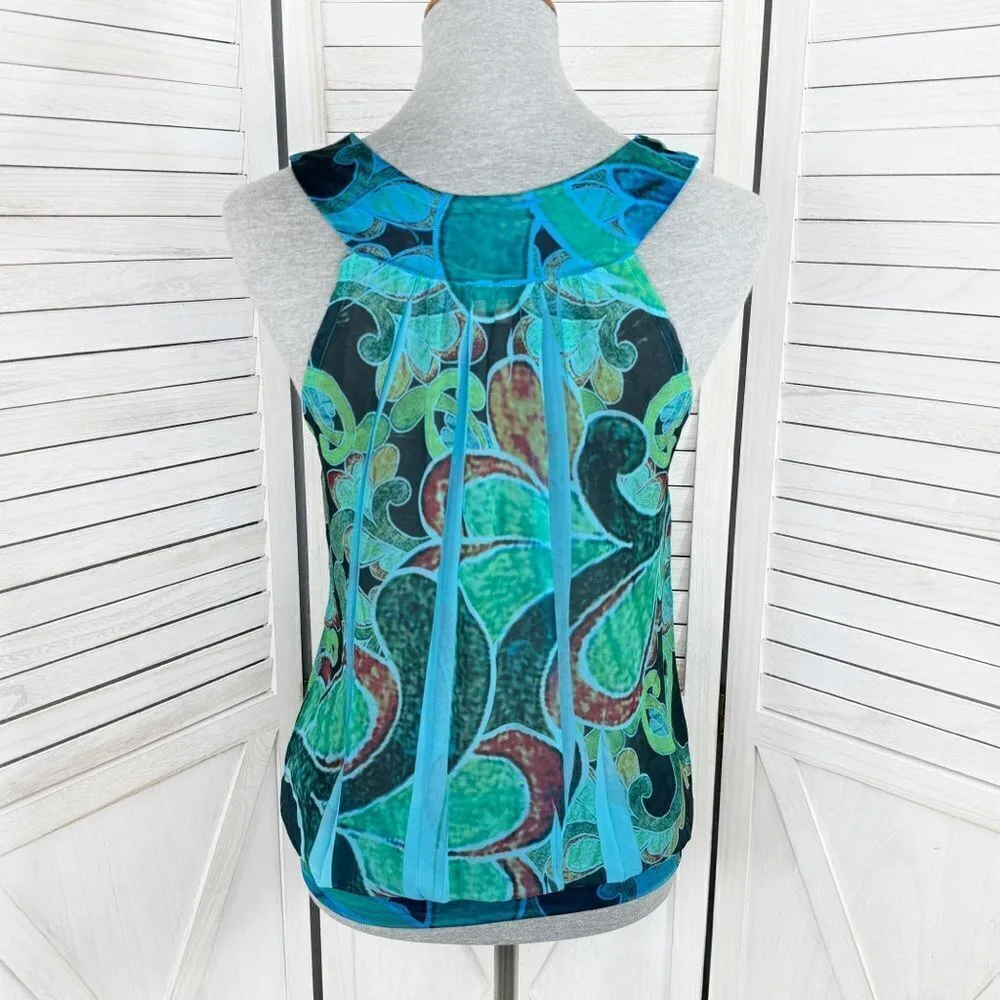 Lipstick‎ Paisley Stamp Died Pleated Tank Top Teal Blue Medium Y2K Blousey Blue - Image 4