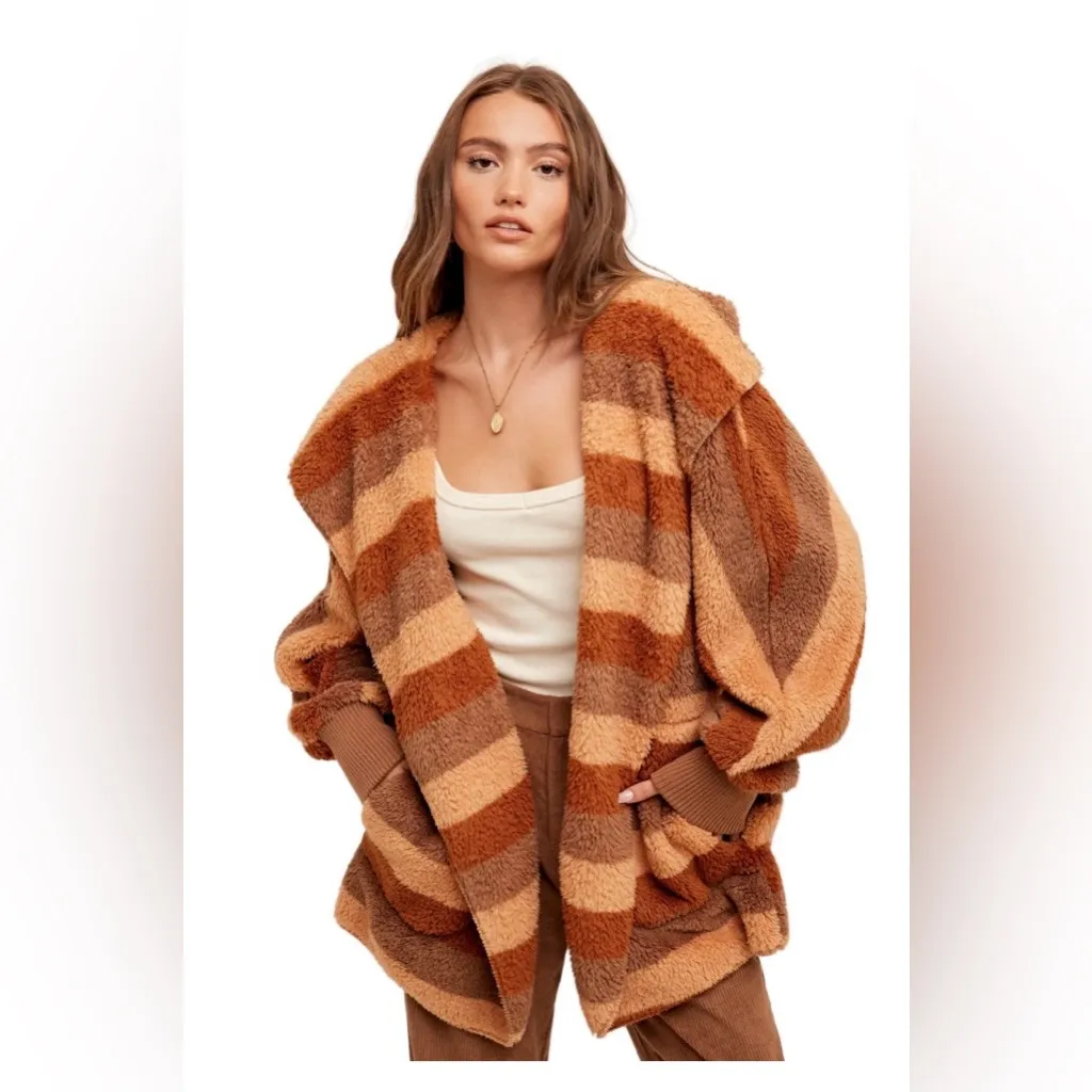 Hem & Thread  MULTI COLOR STRIPE OVERSIZED FUZZY HOODED JACKET - Image 3