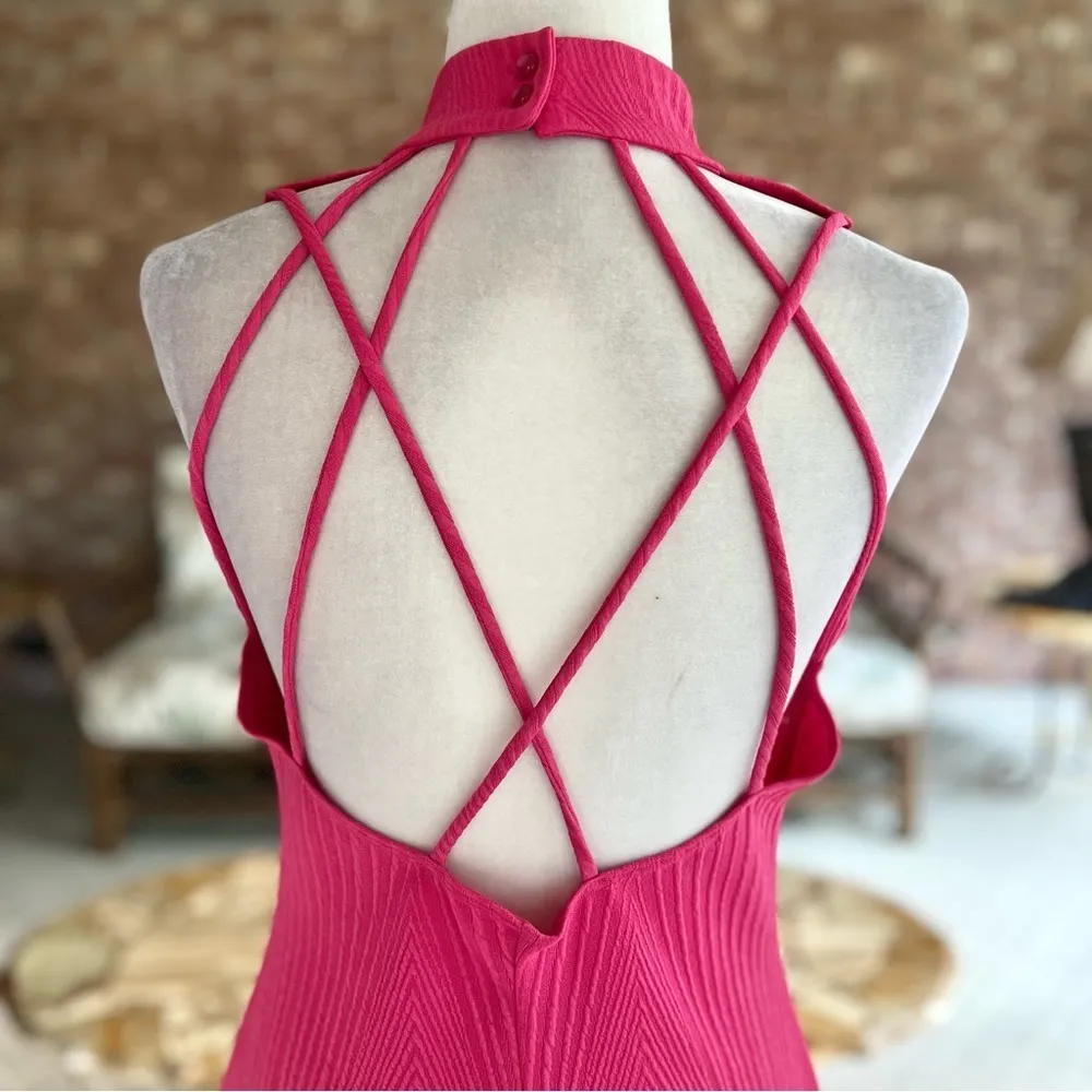 Socialite Midi Dress Bodycon Pink High Neck Knit Strappy Back M Cocktail Party - Image 11