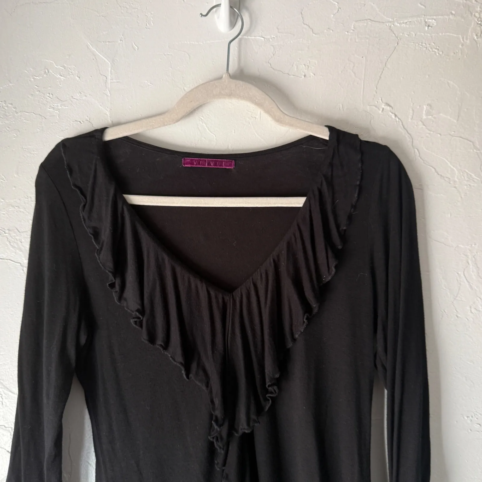 Velvet P Y2k‎ Long Sleeve Black Ruffle V Neck Top Made In USA Medium Whimsigoth - Image 2