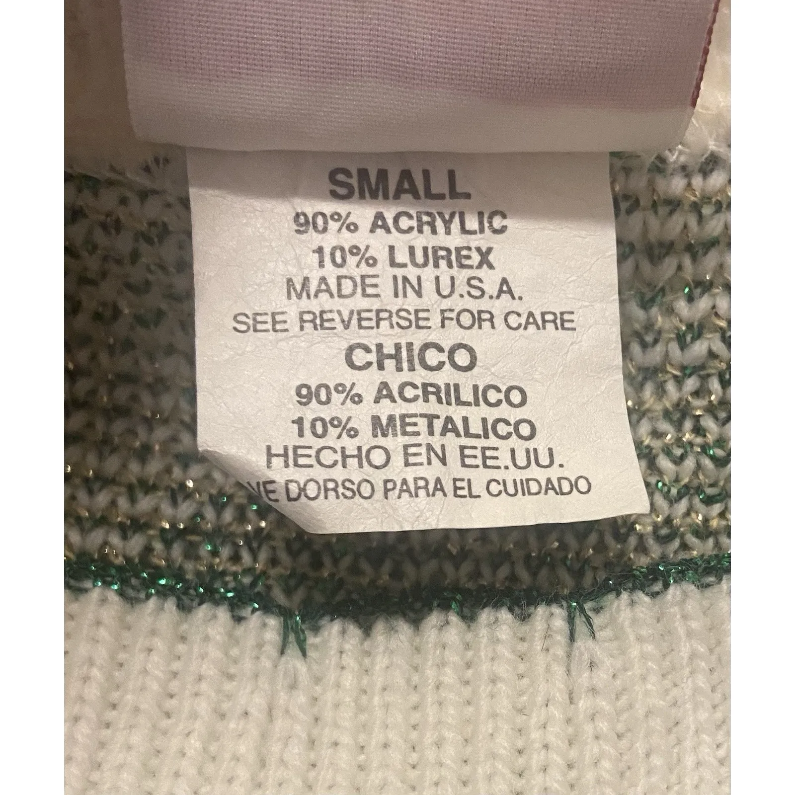 VTG Christmas Sweater S Mistletoe Glitter Ornaments Holiday Bow Gold Green - Image 6