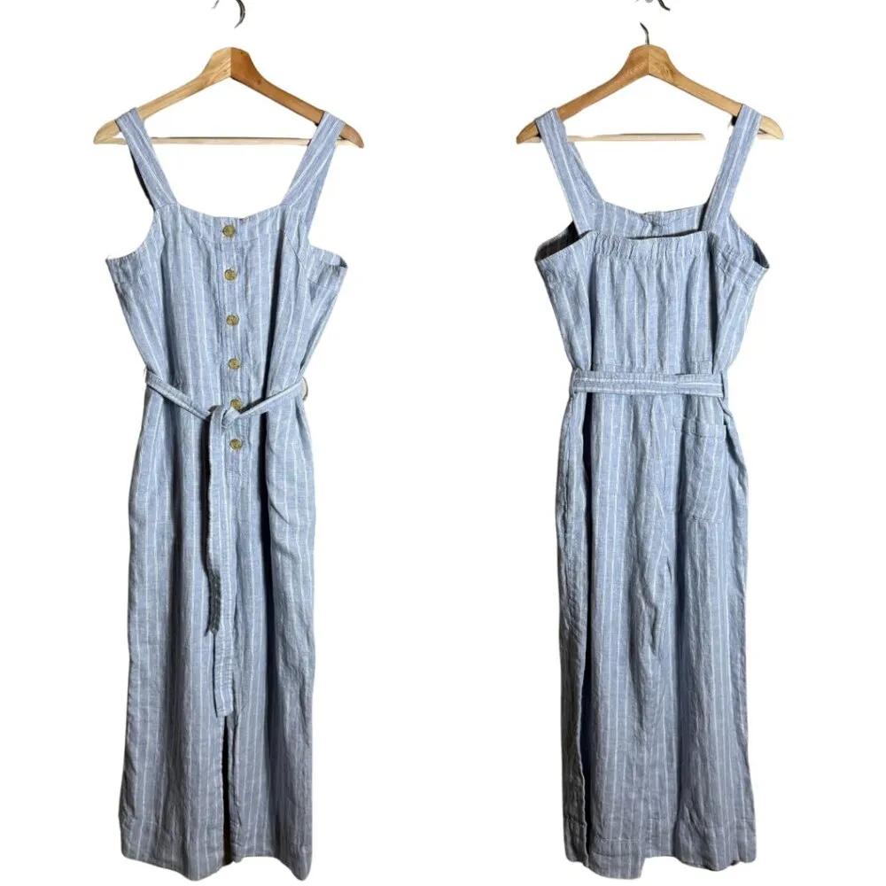 Everlane Linen Striped Button Up Jumpsuit Women's 4 Blue Tie Waist Boho Coastal - Image 4