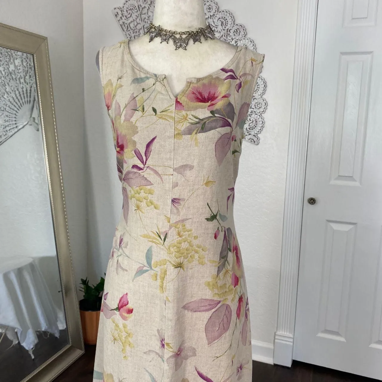 Liz Claiborne Vintage Tan Cream Pastel Flower Boho Floral Linen Midi Maxi Dress - Image 3