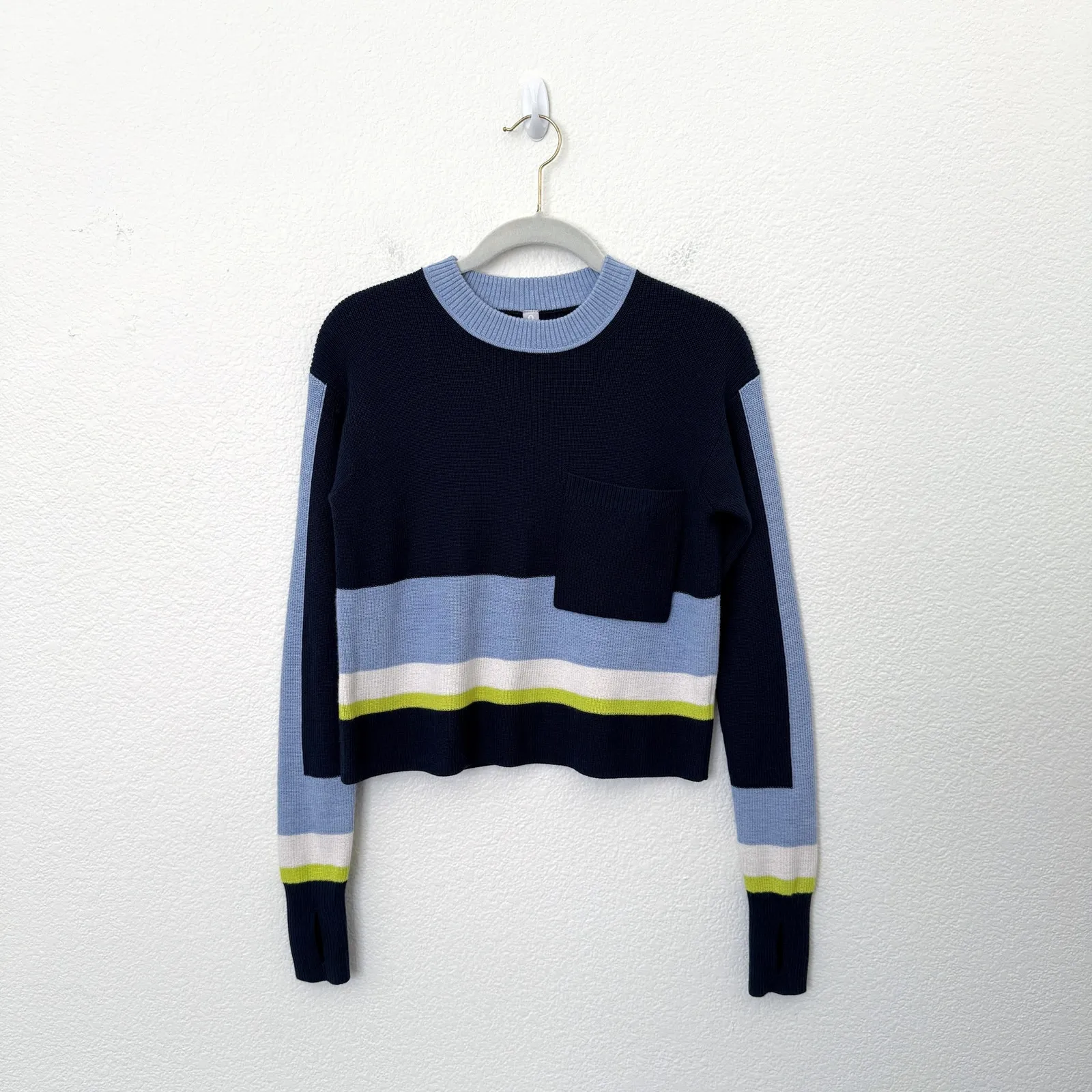 [Athleta] Blue Colorblock Trailhead Striped Merino Wool Cropped Sweater‎ Sz XXS - Image 2