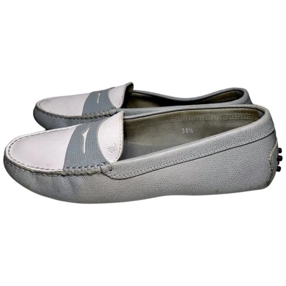 Tod’s Women’s Size 38.5 7.5 Blue White Pebbled Leather Nub Bottom Penny Loafers - Image 3