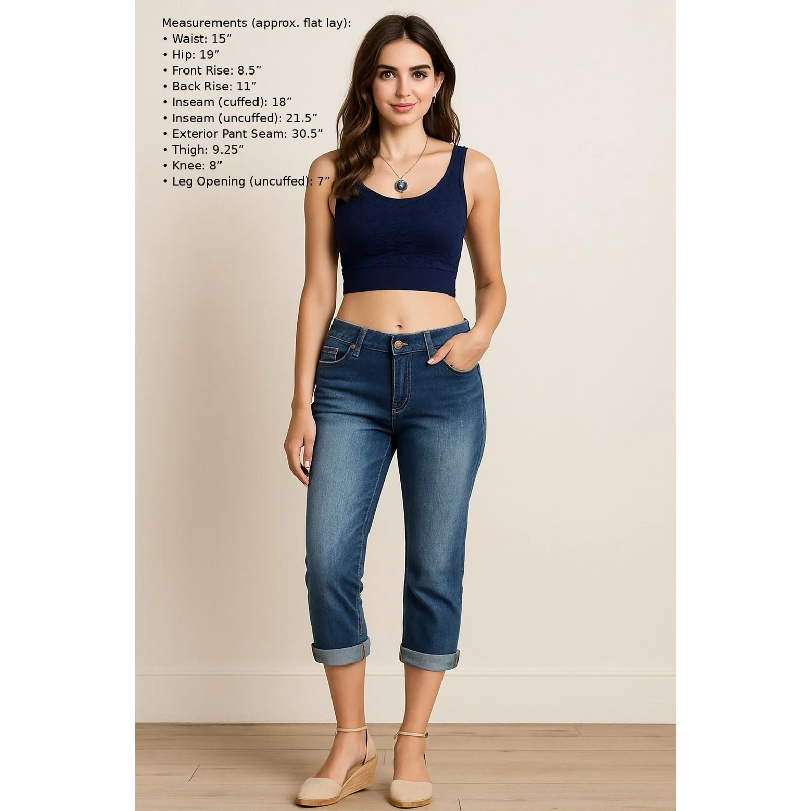 Love Indigo Jean Women's Size 6 Cuffed Capri Stretch Denim Bling Embroidery Pock - Image 15